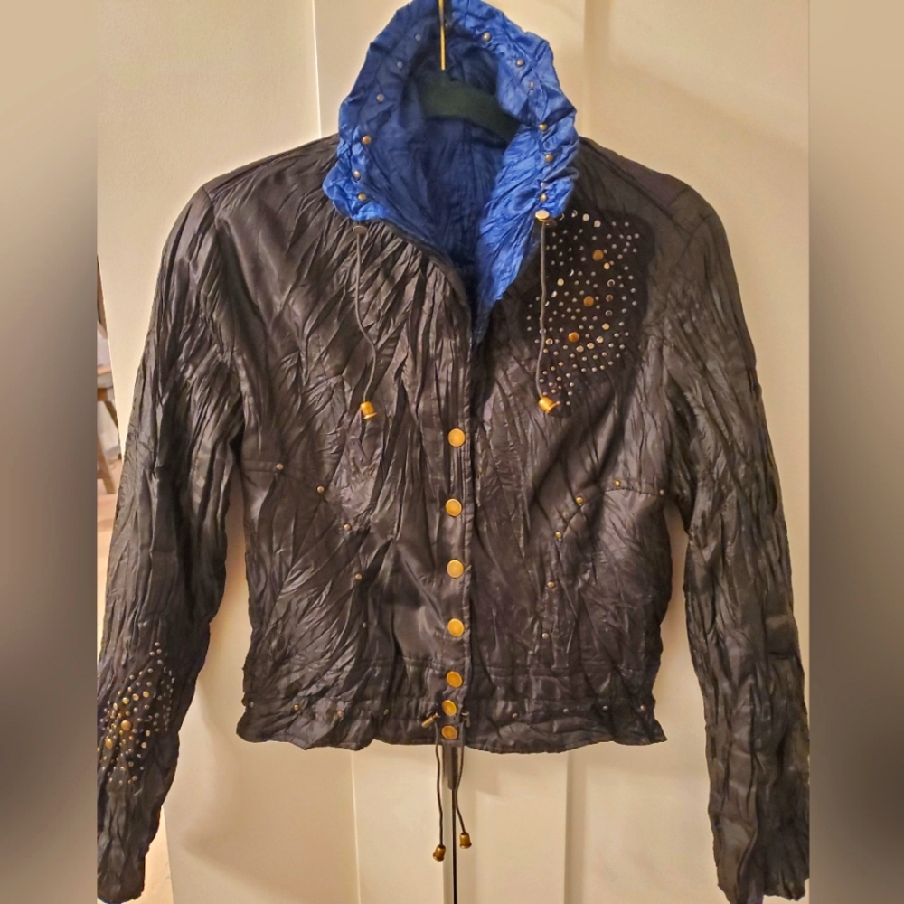 Unique Vintage Black & Blue Embellished Women's Jacket, Beautiful/silky Soft
